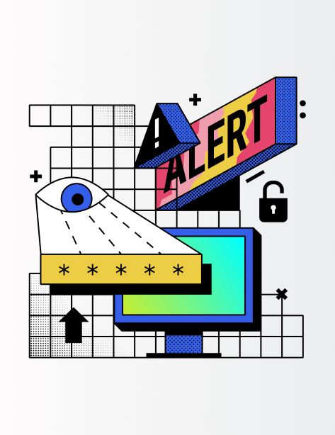 an image of a computer screen with the word alert above it and various objects surrounding it