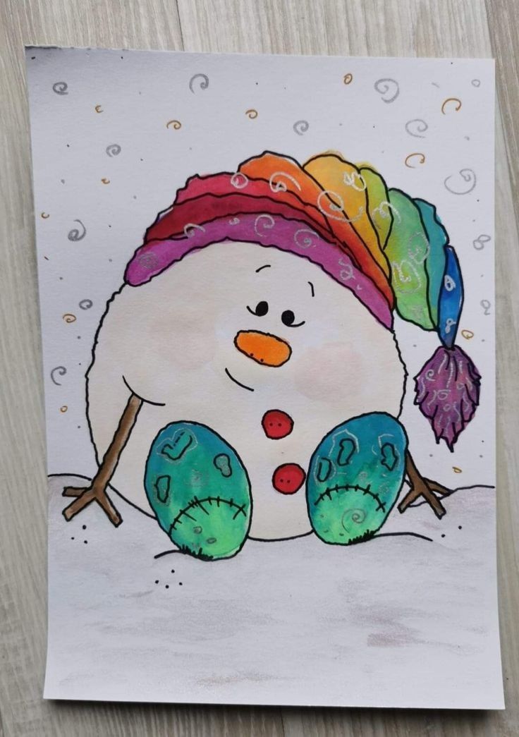 a drawing of a snowman wearing a colorful hat and mittens with water droplets on it