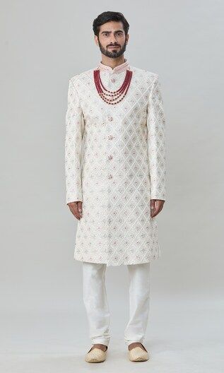 Off-white sherwani with floral and thread embroidery. Comes with pant. - Aza Fashions White Sherwani, Thread Embroidery, Pant Set, Mandarin Collar, Aza Fashion, Pants Set, Thread, Off White, Silk