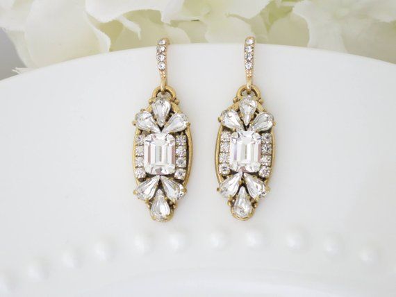 Art Deco wedding earrings, Emerald cut Swarovski crystal bridal earrings, Gold wedding earring, Rhin Teardrop Earrings Wedding, Jewelry History, Gold Art Deco Earrings, Swarovski Jewelry Earrings, Art Deco Jewelry Vintage, Gold Earrings Wedding, Earrings Emerald, Crystal Bridal Earrings, Gold Bridal Earrings