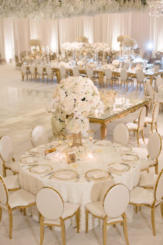 an elegant wedding reception with white and gold decor