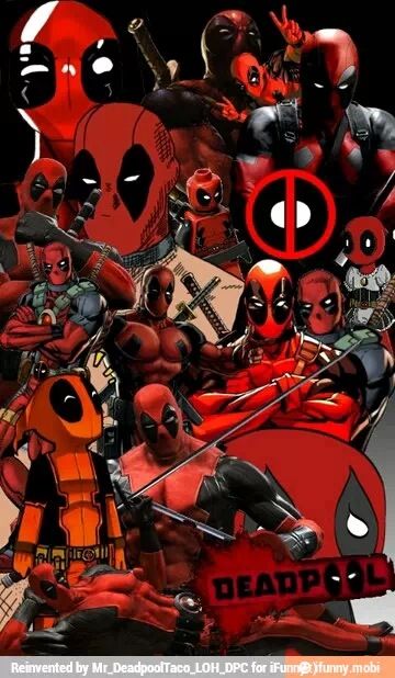 deadpool movie poster with deadpool characters in red and black colors, all surrounded by deadpools