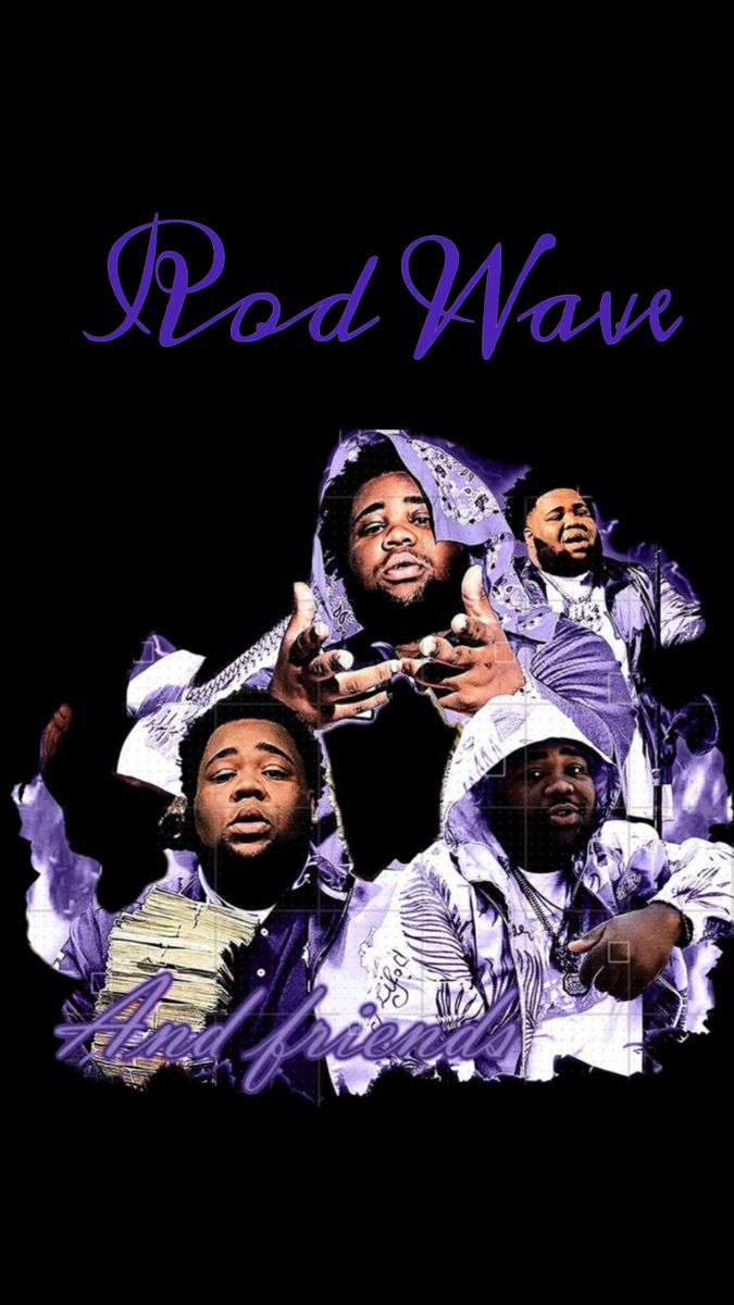 three black men in purple outfits with the words podd wave on them and one man pointing