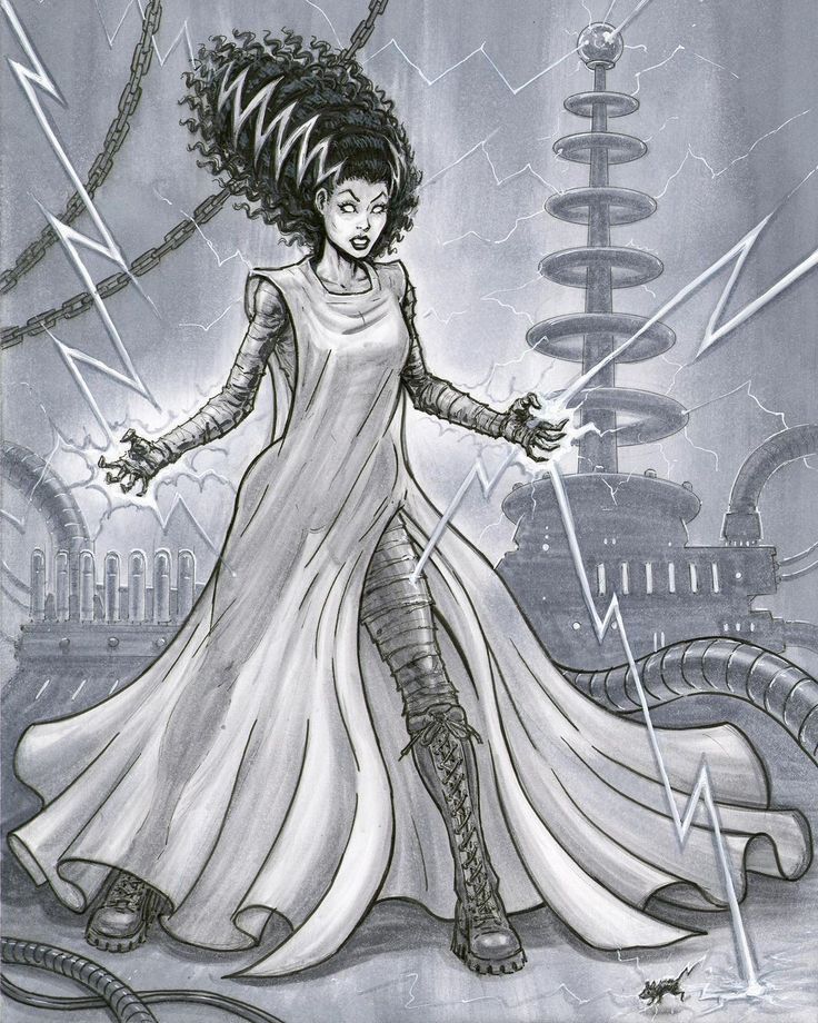 a drawing of a woman in a white dress with lightning bolts on her head and arms