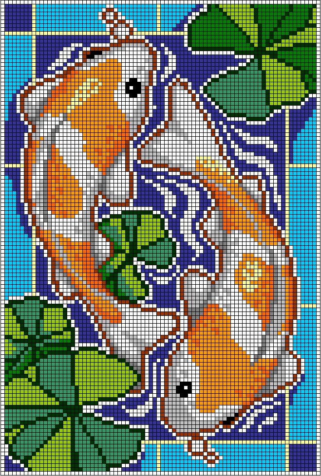 a cross stitch pattern with two goldfishs and shamrock leaves