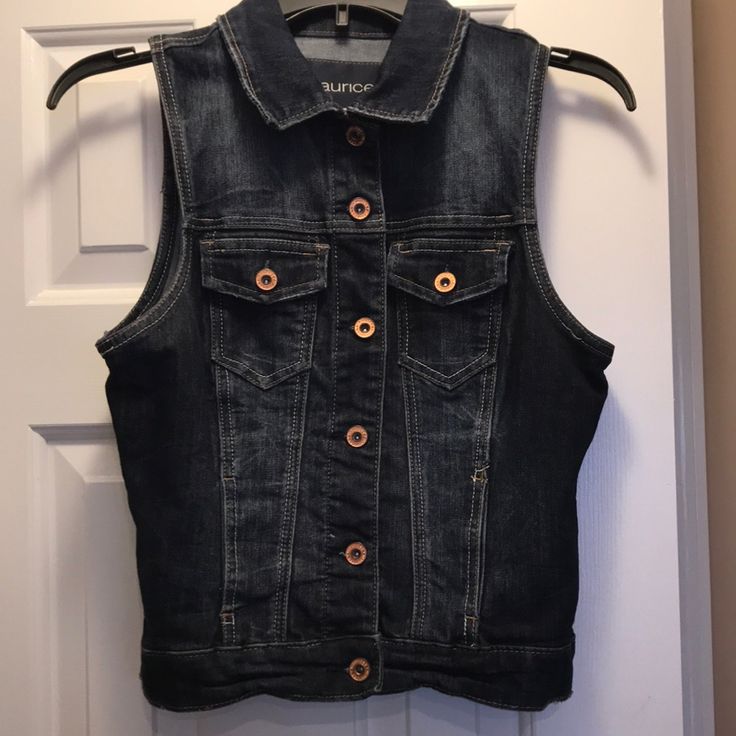 Maurices Dark Denim Vest With Button Closure Down Front And 2 Front Pockets With Button Closures Size Small 70% Cotton 28% Polyester 2% Spandex Excellent Like New Condition Looks Brand New Smoke Free Home Casual Button-up Denim Vest With Button Closure, Trendy Dark Wash Denim Vest With Snap Buttons, Casual Dark Wash Denim Vest With Buttons, Trendy Dark Wash Denim Vest With Buttons, Fitted Button-up Casual Denim Vest, Fitted Casual Denim Vest With Buttons, Fitted Button-up Denim Vest, Casual Fitted Denim Vest With Buttons, Casual Fitted Denim Top With Buttons