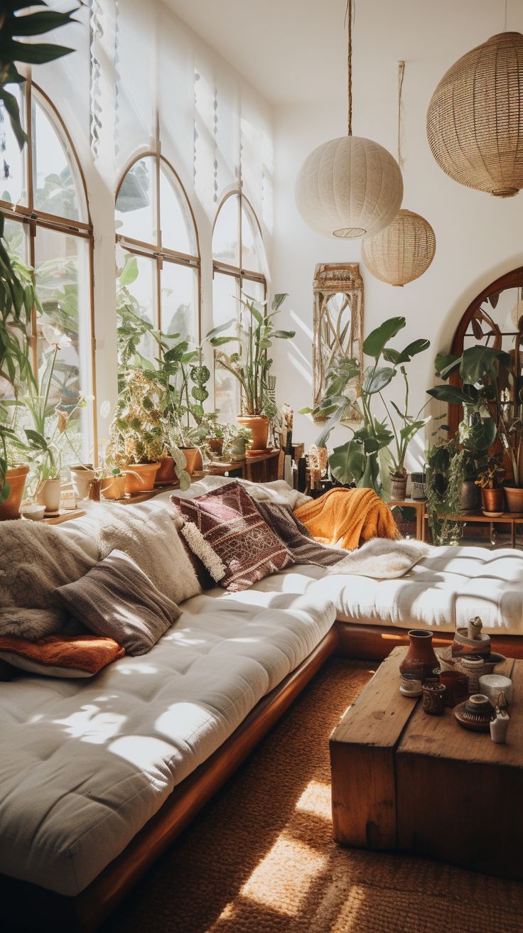 a living room filled with lots of furniture and plants on top of windowsills