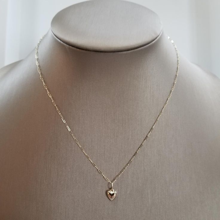 Helen Wang Jewelry Necklace handmade with a Solid 14K Puffed Gold Heart and a delicate Krinkle Chain. Hammered Sterling Silver, Charm Necklaces, Oct 31, Simple Necklace, Gold Heart, Gold Filled Chain, Necklace Handmade, Heart Of Gold, Jewelry Necklace