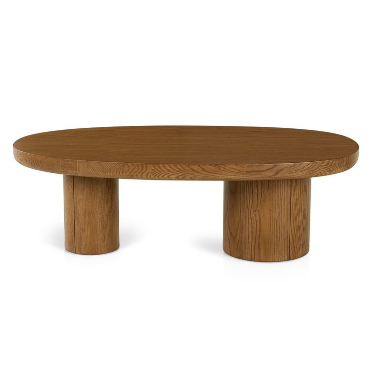 an oval wooden table with two legs on the top and one leg in the middle