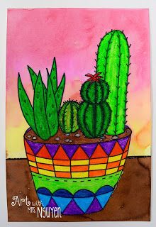 a painting of a cactus in a colorful pot