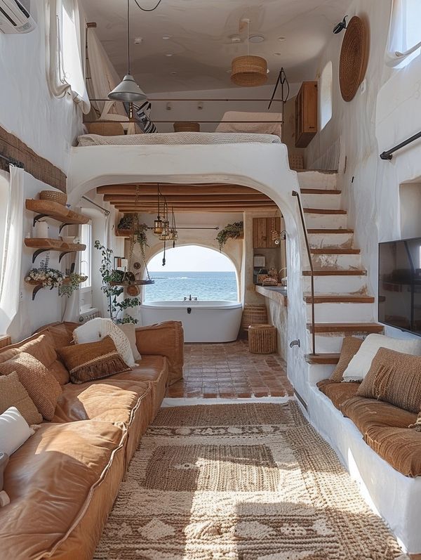 a living room filled with lots of furniture next to an ocean side wall mounted flat screen tv