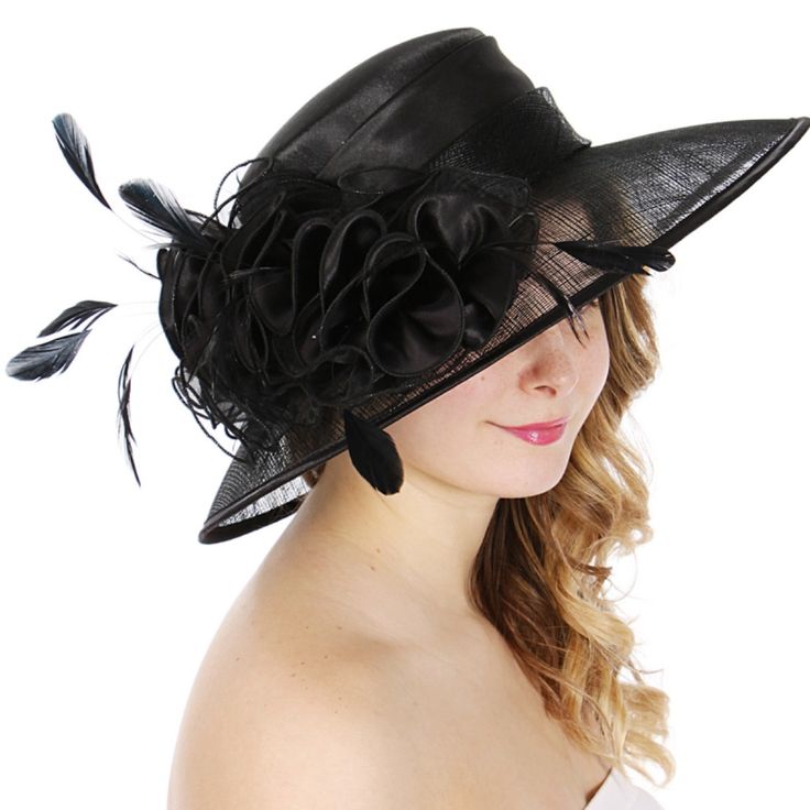 Sinamay Dress Hat With Feather Weight 3oz Size: Brim 4.5" X Crown Height 3.5" X Crown Diameter 7" 100% Sinamay Straw Black Summer Hat With Feather Trim, Black Summer Hats With Feather Trim, Summer Black Hats With Feather Trim, Black Feather Trim Hat For Kentucky Derby, Evening Hats With Feather Trim For Spring, Spring Evening Hats With Feather Trim, Spring Evening Hat With Feather Trim, Elegant Black Hat With Feather Trim, Summer Evening Hats With Feather Trim