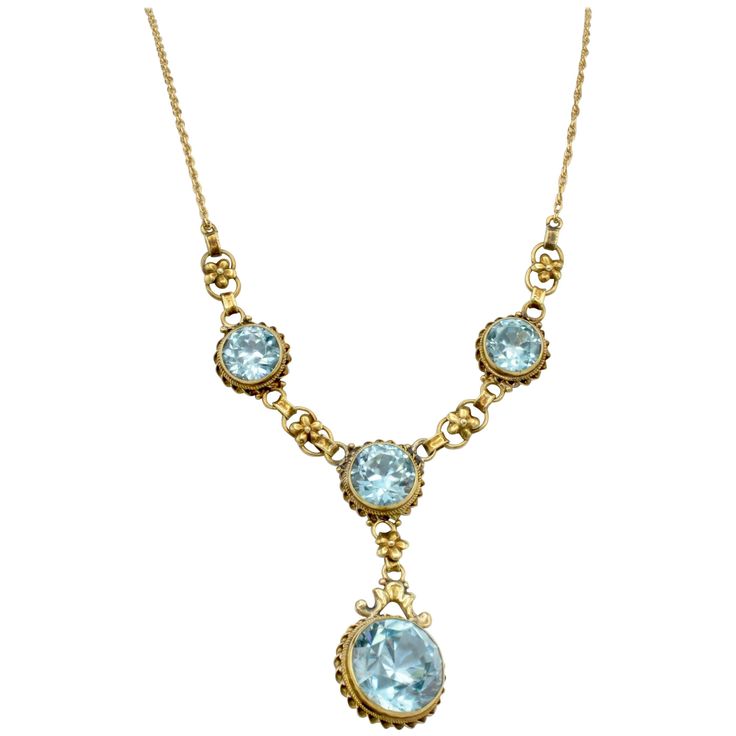 This stunning blue zircon necklace is a wonderful example of Edwardian sensibility and grace. The necklines of that period were often adorned for special occasions with this style of jewelry. Bold yet delicate. Demure yet a bit bold. The timelessness of this necklace and the subtle shade of pale blue zircons make it the perfect piece to cherish and wear often. Edwardian Necklace, Drop Necklaces, Zircon Necklace, Fun Jewelry, Topaz Necklace, Cz Jewelry, Blue Zircon, Fantasy Jewelry, Contemporary Jewelry