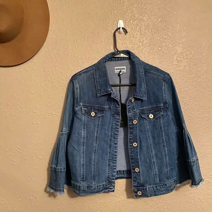 Bell Sleeve Denim Jacket. New With Tags. Never Worn. Fitted Dark Wash Outerwear With Frayed Hem, Fitted Outerwear With Frayed Hem, Dark Wash Outerwear With Frayed Hem For Spring, Casual Fitted Outerwear With Frayed Hem, Jean Jackets, Bell Sleeve, Jean Coat, Jean Jacket, Bell Sleeves