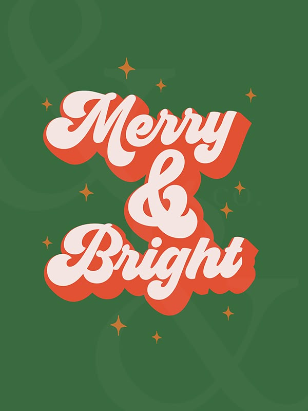 merry and bright lettering on a green background