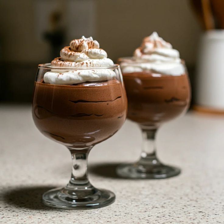 two glasses filled with dessert sitting on top of a counter next to each other and topped with whipped cream