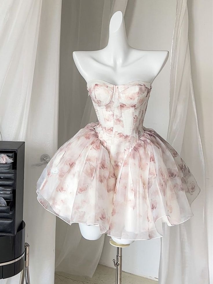 Pink Rose Print Strapless Balletcore Corset Dress 19th Birthday Outfit, Strapless Homecoming Dresses, Puff Skirt, Mermaid Prom Dresses Lace, Purple Prom Dress, Puff Dress, Corset Dress Prom, Corset Bodice, Sequin Prom Dresses