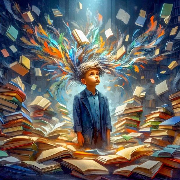 a painting of a boy surrounded by books with his hair blowing in the wind,