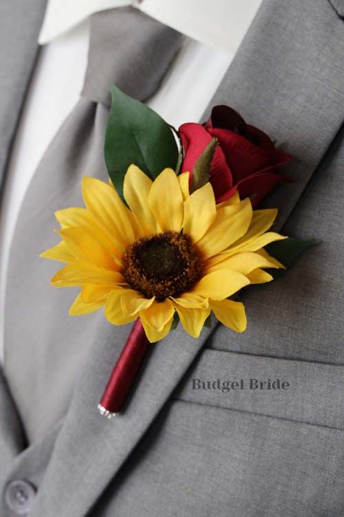 a boutonniere made to look like a sunflower on a man's lapel