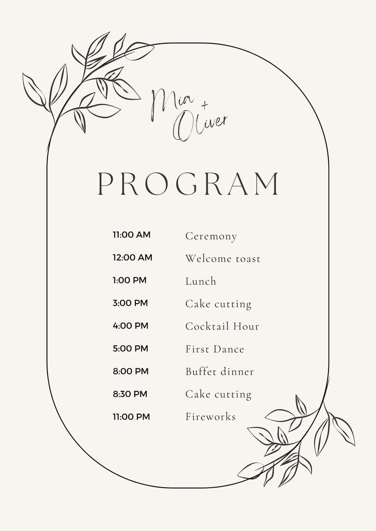 the wedding program is displayed in this black and white photo, with leaves on it