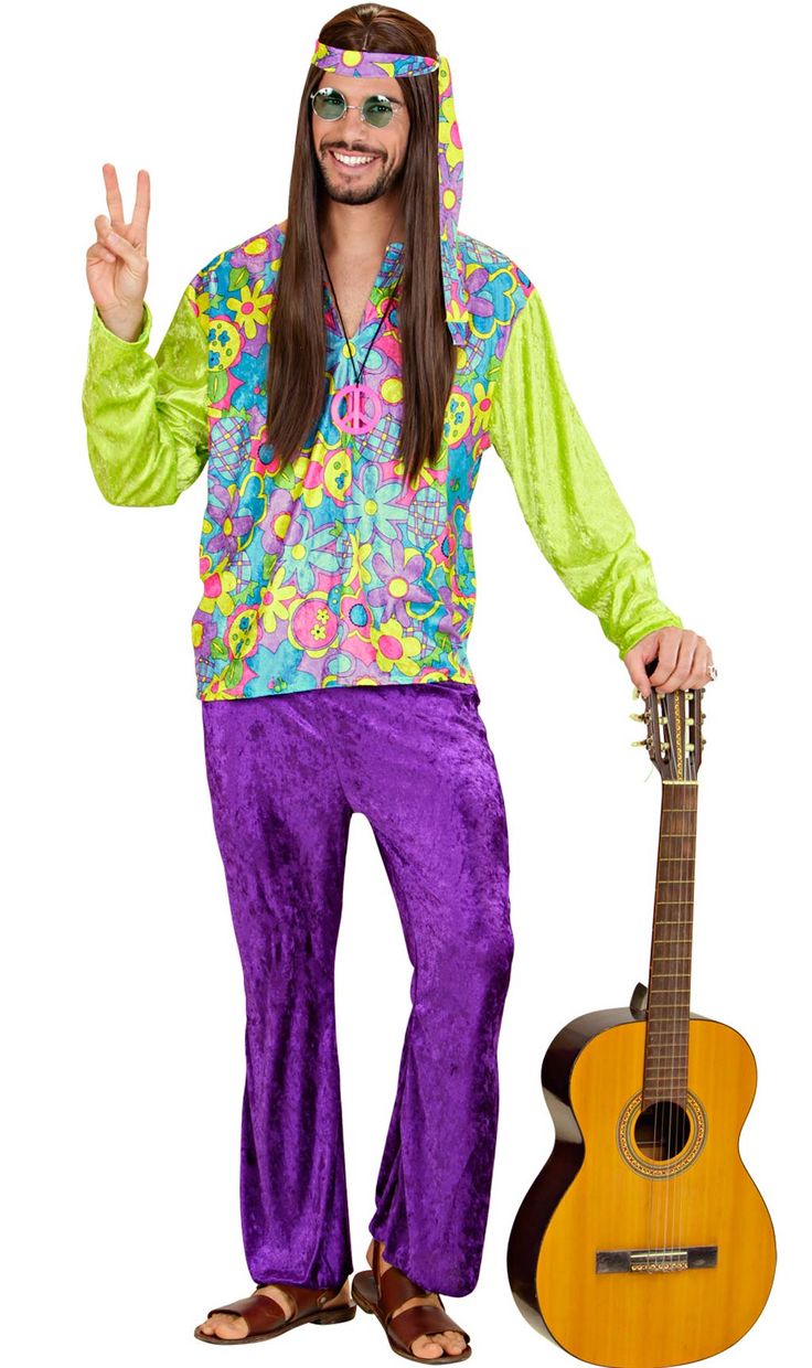 a man with long hair and sunglasses holding a guitar in one hand while wearing purple pants