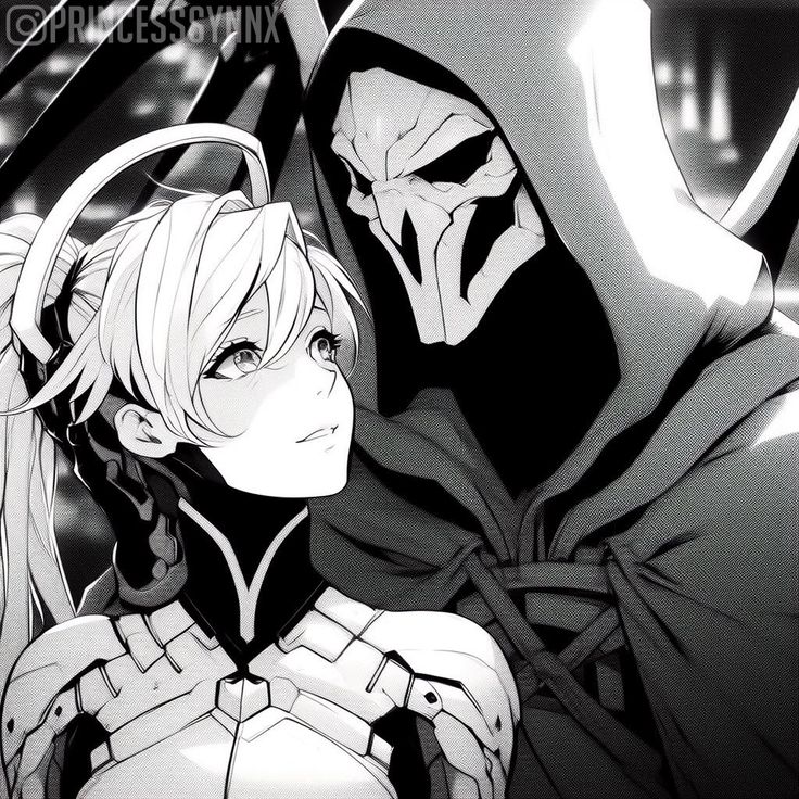 two anime characters standing next to each other in front of a dark background with lights