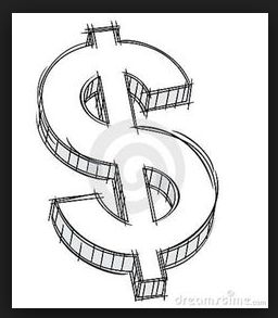 a drawing of a dollar sign in black and white with the word $ below it