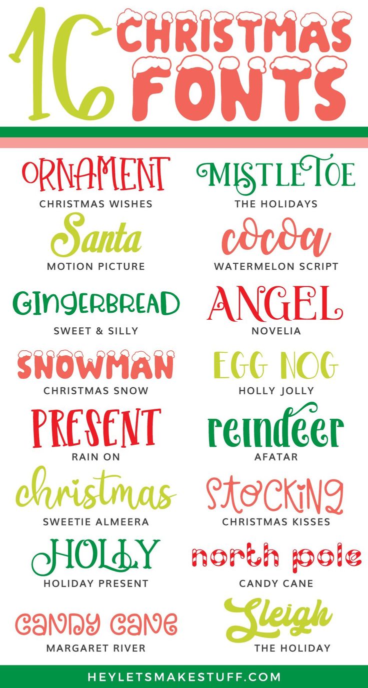 christmas font and numbers with the names for each letter in red, green, yellow and white