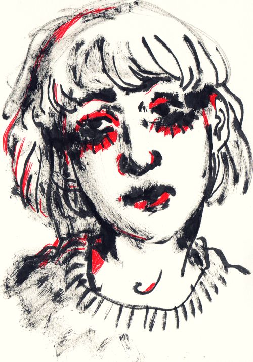 a drawing of a woman's face with red eyes