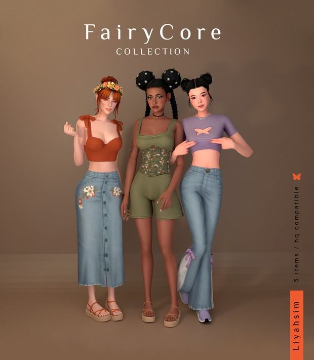 three women are standing next to each other in front of a brown background with the words fairy core collection on it