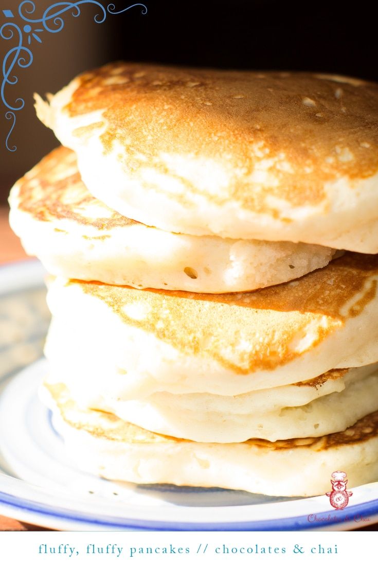 pancakes stacked on top of each other on a blue and white plate with text overlay