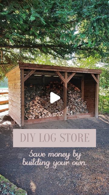 a shed with logs in it and the words diy log store save money by building your own