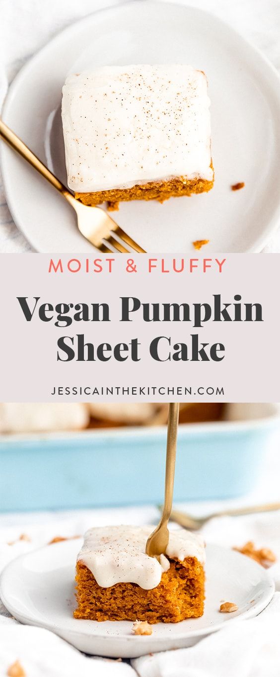 a piece of vegan pumpkin sheet cake on a white plate