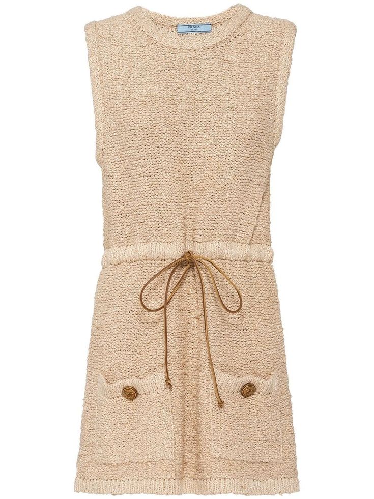 beige silk bouclé construction round neck sleeveless drawstring waist two front patch pockets straight hem Png Outfits, Dress Logo, Prada Dress, Prada Sneakers, Ribbed Tank Dress, Georgette Dress, Crewneck Dress, Pleated Midi Dress, Triangle Logo