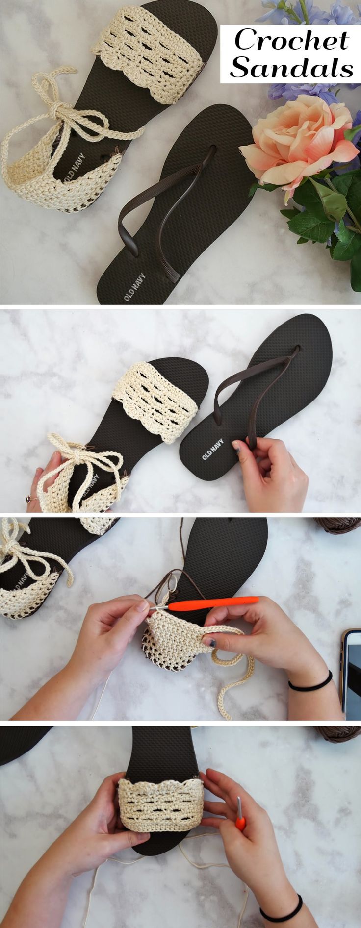 the process of making crochet sandals is shown