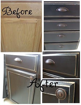 before and after photos of an old dresser makeover with chalk paint, wood veneers, and new drawer pulls