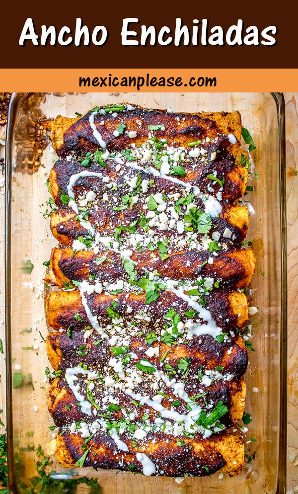 an enchiladas recipe in a glass baking dish with the title above it