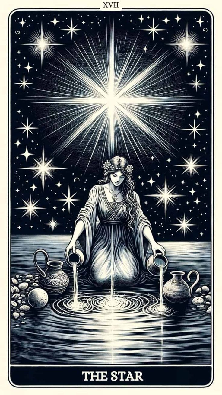 the star tarot card with an image of a woman sitting in water surrounded by stars