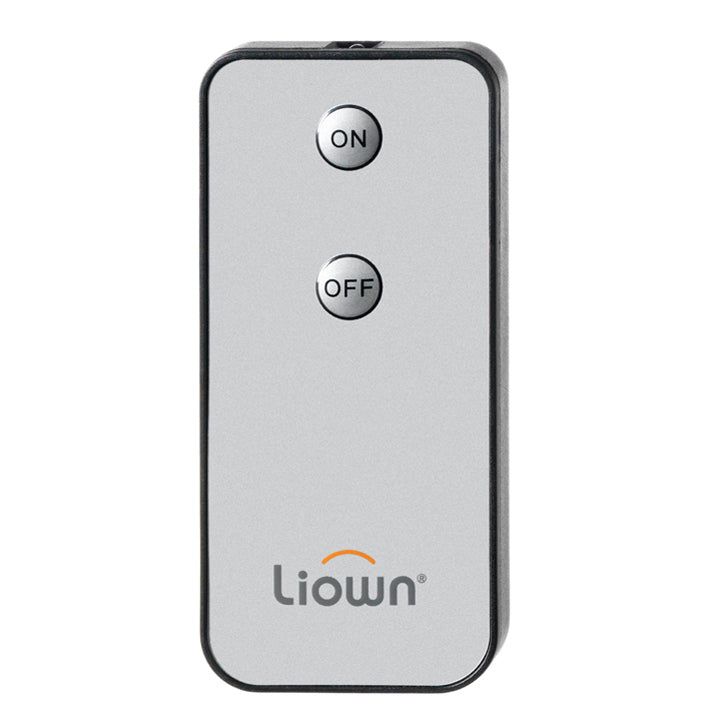 a close up of a remote control on a white background with the word liown written below it