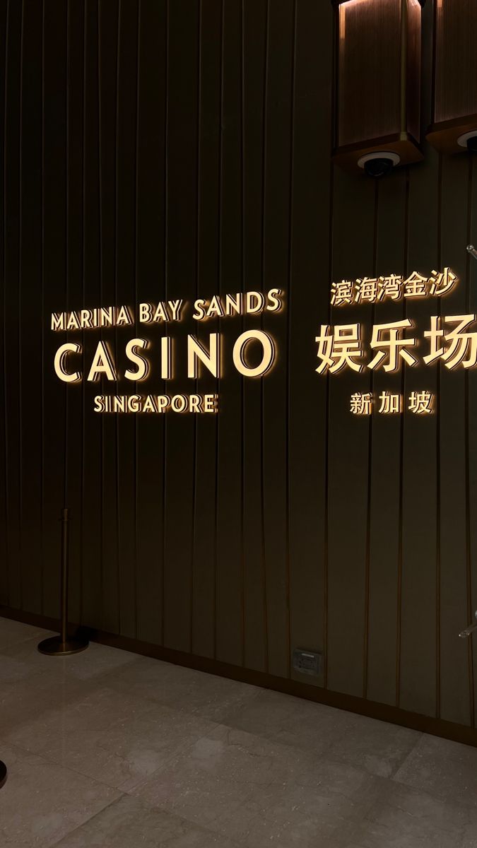 the entrance to marina bay sands casino and singapore is lit up with neon signs that read'casino singapore '