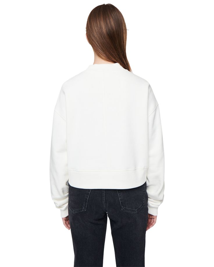 Less is more with our women's Mock Neck Sweatshirt in Off White. With its oversized and cropped fit, this sweatshirt is a contemporary take on athleisure style. It's ultra comfortable brushed Turkish cotton fabrication ensures a lightweight feel. Sporty Boxy Fit Tops For Winter, Relaxed Fit Cotton Cropped Sweater In Athleisure Style, Relaxed Fit Cotton Cropped Sweater For Athleisure, Sporty Relaxed Fit Cropped Sweater For Loungewear, Sporty Boxy Fit Cropped Sweater For Fall, Crew Neck Relaxed Fit Cropped Sweater In Athleisure Style, White Cropped Sweater With Crew Neck, Sporty Tops With Ribbed Collar And Drop Shoulder, Relaxed Fit Cotton Cropped Sweater Athleisure