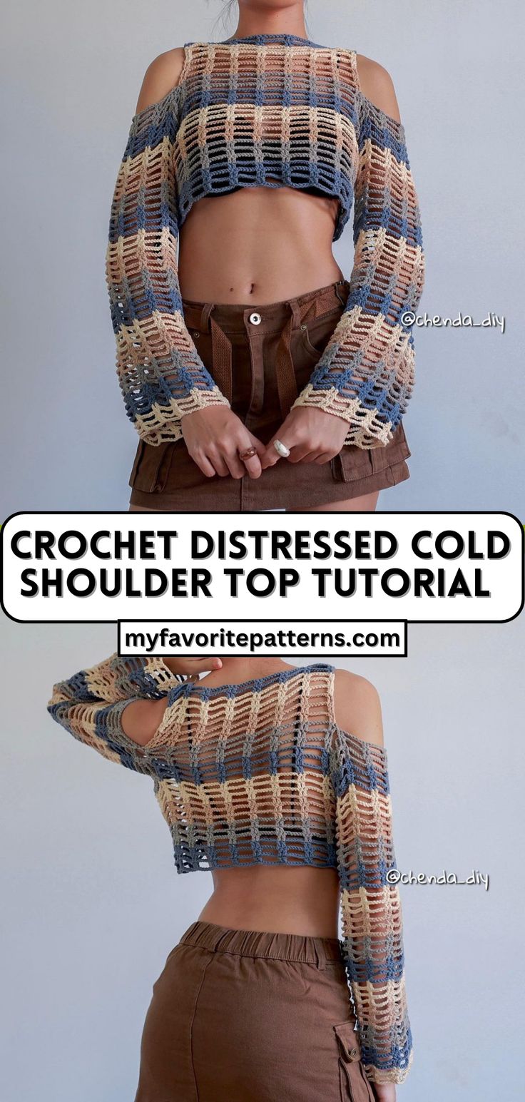 Crochet Distressed Cold Shoulder Top Tutorial Unique Crochet Clothing Patterns, Crochet Projects Ideas Clothes, Cold Shoulder Crochet Top, Crochet Distressed Top Pattern, Crochet Top Women, Crochet Top Distressed, Crochet Cold Shoulder Top, Ombre Crochet Projects, Distressed Crochet Pattern