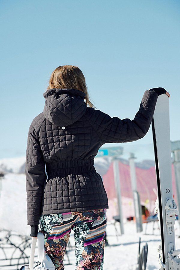 Made for the slopes, this ski-ready jacket features a fully waterproof design that keeps moisture out with a Primaloft insulated design to keep you warm while staying lightweight and locking out the cold. With a fitted silhouette and adjustable hooded neckline, you’ll stay extra cozy in cold temps, plus it’s equipped for everything you need for a ski trip from a detachable hood, lots of pockets, underarm and ski vents for air flow, and knit cuffs and thumbholes. **The Fit:** Fitted design to keep the cold out, with an adjustable wide waistband and a powder skirt at the interior **The Feel:** Down-filled with PrimaLoft insulation; warmest-level design for freezing temps; water-resistant finish **The Features:** Solid and square quilted panels, wide elasticated waist band; stash phone pocket Black Outerwear For Snowboarding During Ski Season, Windproof Athleisure Outerwear For Winter Sports, Athleisure Windproof Outerwear For Winter Sports, Sporty Insulated Outerwear, Sporty Windproof Puffer Jacket For Winter Sports, Insulated Outerwear For Snowboarding In Winter, Long Sleeve Puffer Jacket For Ski Season, Sporty Waterproof Puffer Jacket For Winter Sports, Insulated Outerwear For Ski Season