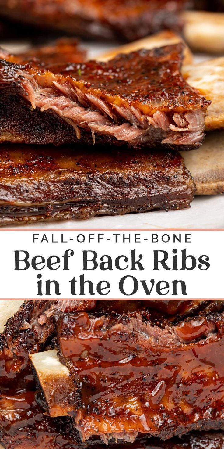 beef ribs in the oven with text overlay that reads fall off the bone beef back ribs in the oven