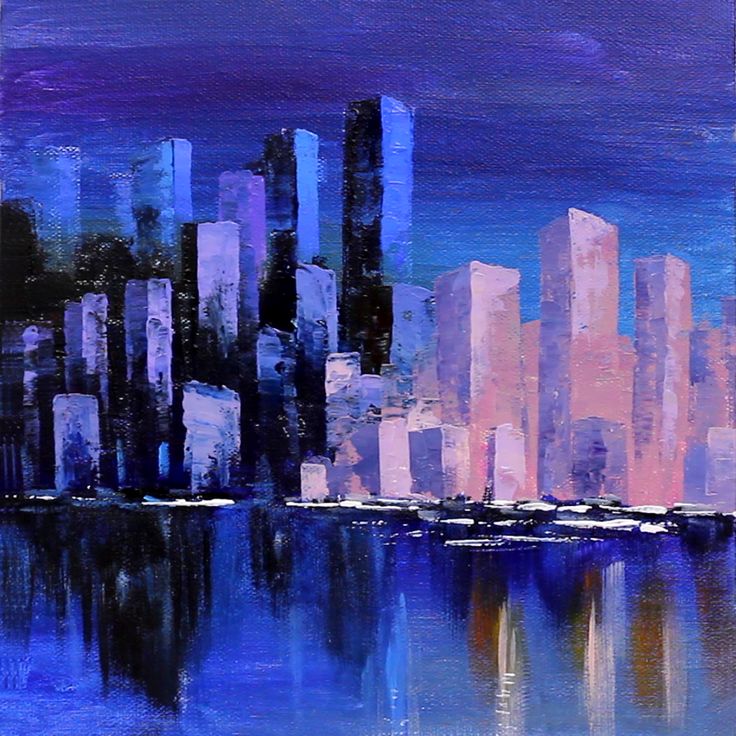 an abstract painting of a cityscape in purple and blue tones with water reflecting on the surface