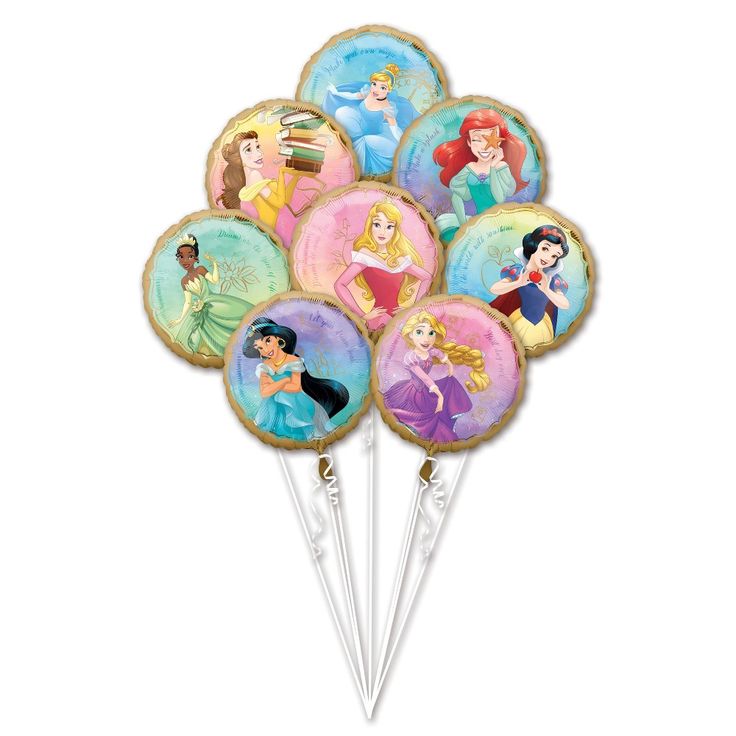 a bunch of pinwheels with princesses on them in the shape of balloons