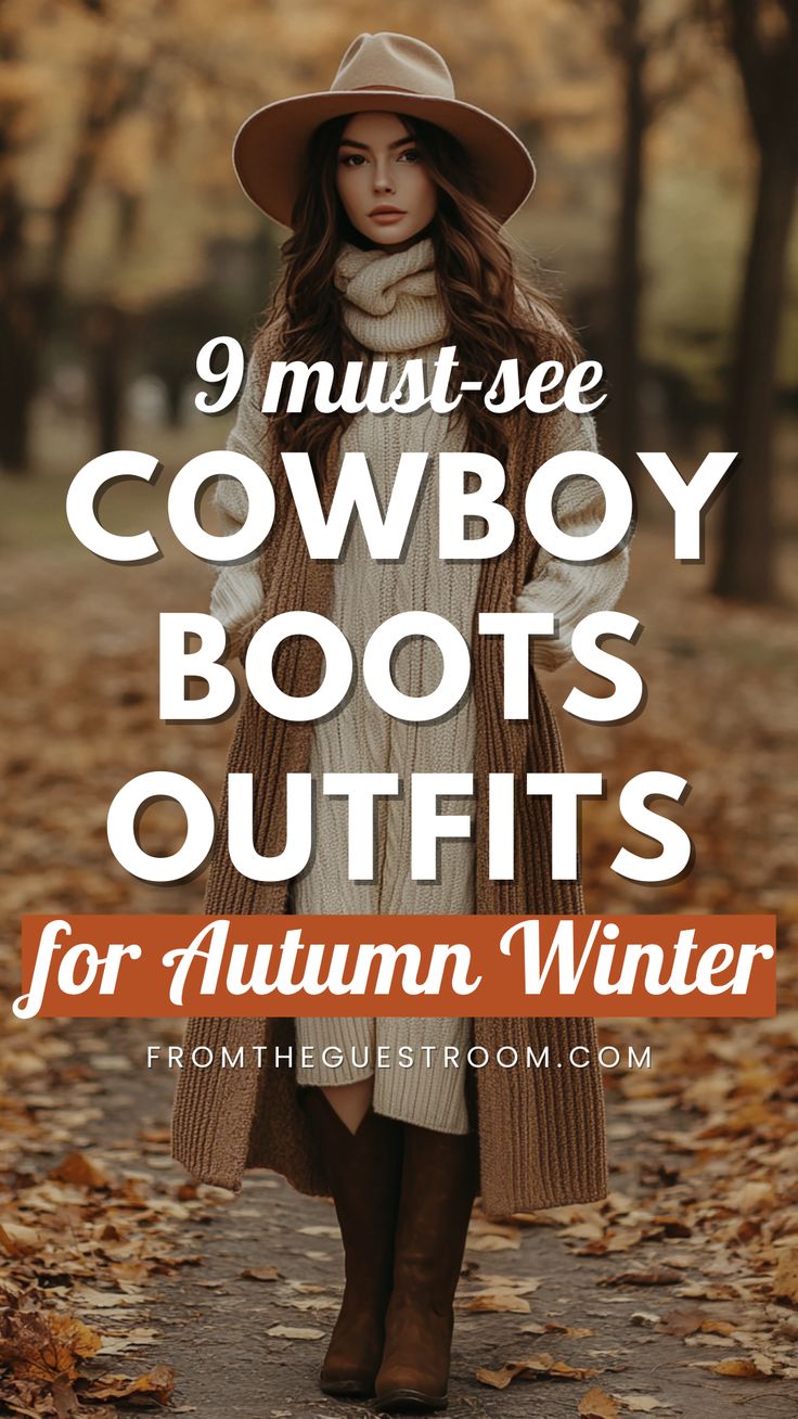 a woman wears cowboy boots for autumn winter, western outfits Cowboy Boots Fall 2024, Cowboy Boot Outfits Street Style, Styling Cowboy Boots Women Casual, Tights And Cowboy Boots Outfit, Ways To Wear Cowboy Boots, Womens Tall Boots Outfit, Style Cowboy Boots Women Winter, Women’s Casual Outfit With Cowboy Boots, Cowboy Boots With Jeans Women