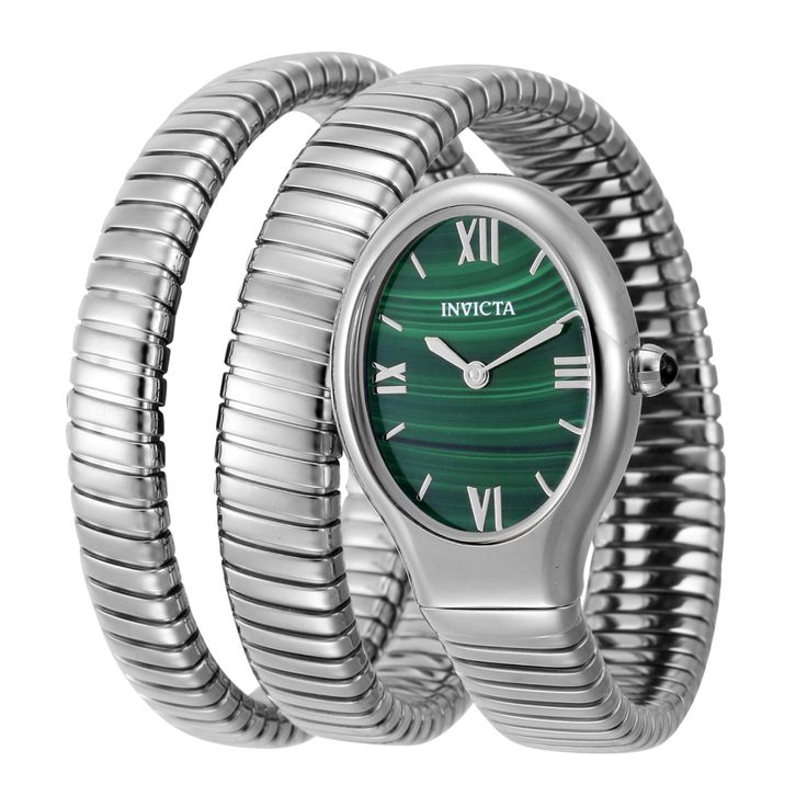 This impressive Invicta Mayamar watch features a precise Quartz movement as well as a steel case. Its green, malachite dial is enclosed by a highly protective Mineral Crystal. This watch is finished by a strong steel, stainless steel band, and it offers 30 m water resistance. Since its inception in La Chaux-de-Fonds, Switzerland in 1837, a commitment to excellence and innovation has been at the heart of every collection created by Invicta. Here at Invicta Stores, we offer the most extensive cata Green Chronograph Stainless Steel Watch, Green Stainless Steel Watch Accessories With Round Dial, Green Stainless Steel Chronograph Watch Accessories, Green Stainless Steel Chronograph Watch, Green Stainless Steel Watch Accessories, Green Watch With Polished Finish And Round Dial, Invicta Watches Women, Invicta Watches, Green Malachite