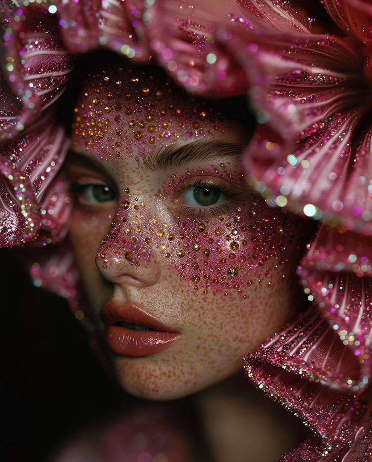 a woman with glitter on her face and pink hair is wearing a large flowered headdress