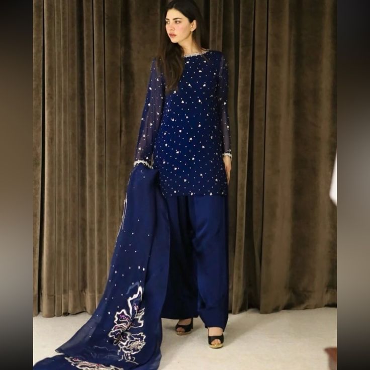 Worn Once, Like New, Size Medium Festive Blue Palazzo Set With Sheer Dupatta, Blue Sharara With Dabka Work, Traditional Blue Palazzo Set With Dabka Detailing, Traditional Blue Palazzo Set With Dabka, Traditional Blue Dabka Palazzo Set, Blue Palazzo Set With Dabka On Straight Kurta, Blue Palazzo Set With Straight Kurta And Dabka Details, Blue Palazzo Set With Dabka, Designer Blue Palazzo Set For Eid